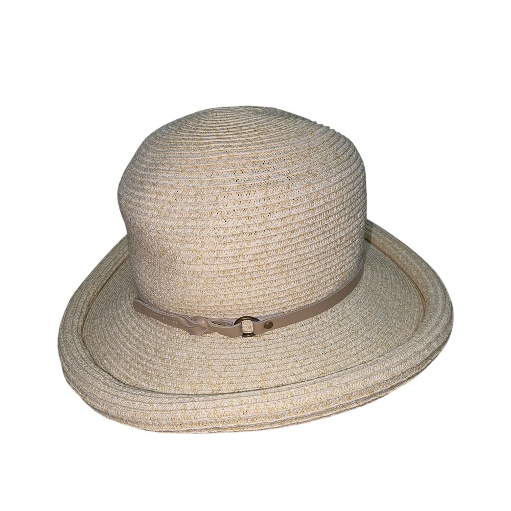 Nine West Womens Straw Cloche Hat Beige Cream Woven Summer Sun Hat Leather Band